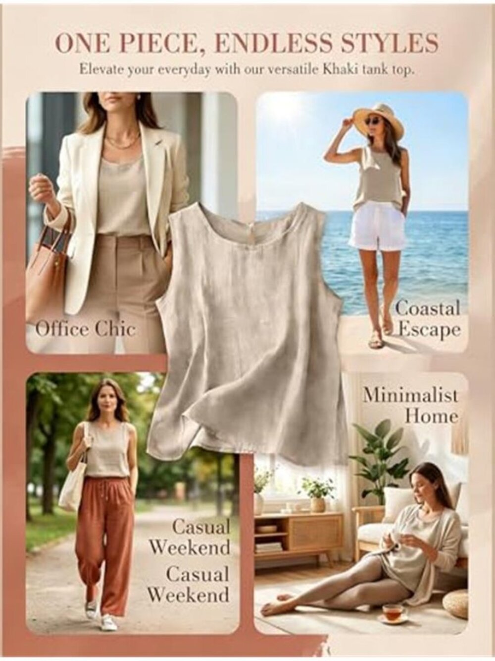 Summer Beige Soft Linen Blend Sleeveless tank Top - Picture 4 of 6